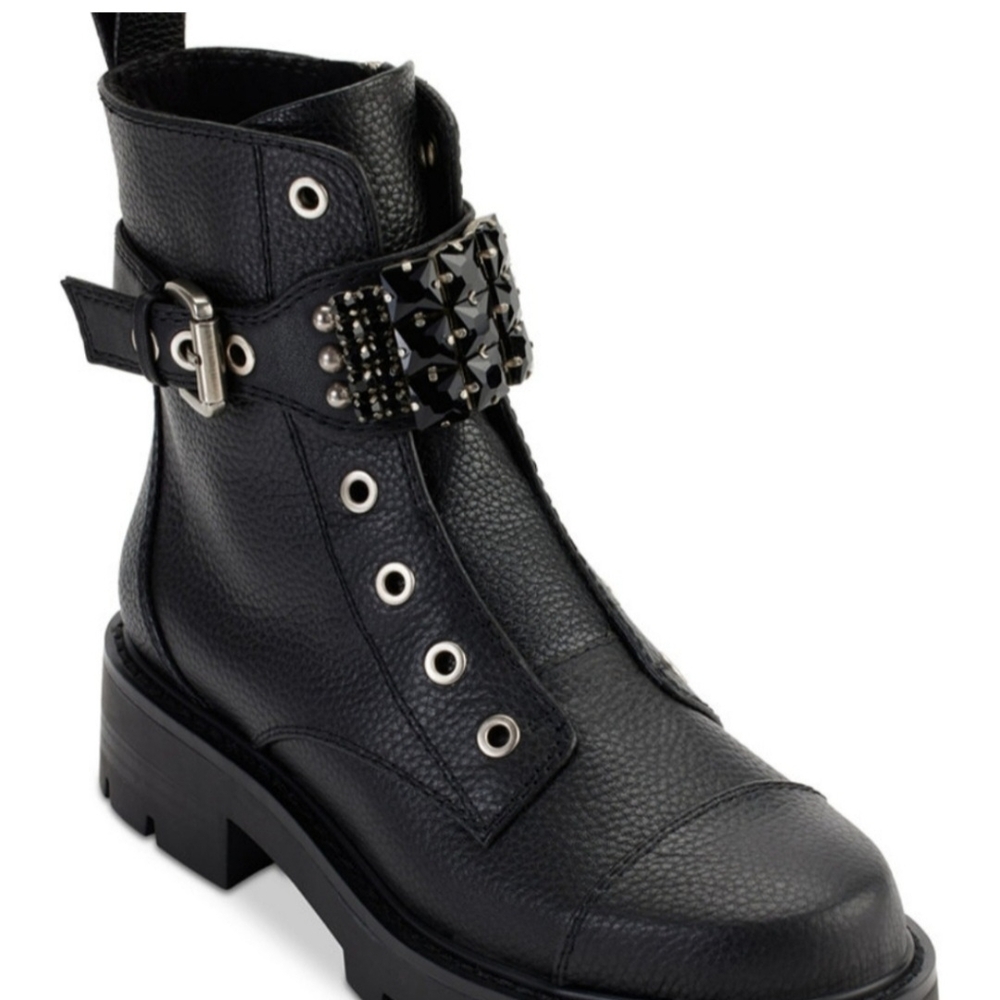 Karl Lagerfeld Black Leather Ankle Boots with Studded Buckle